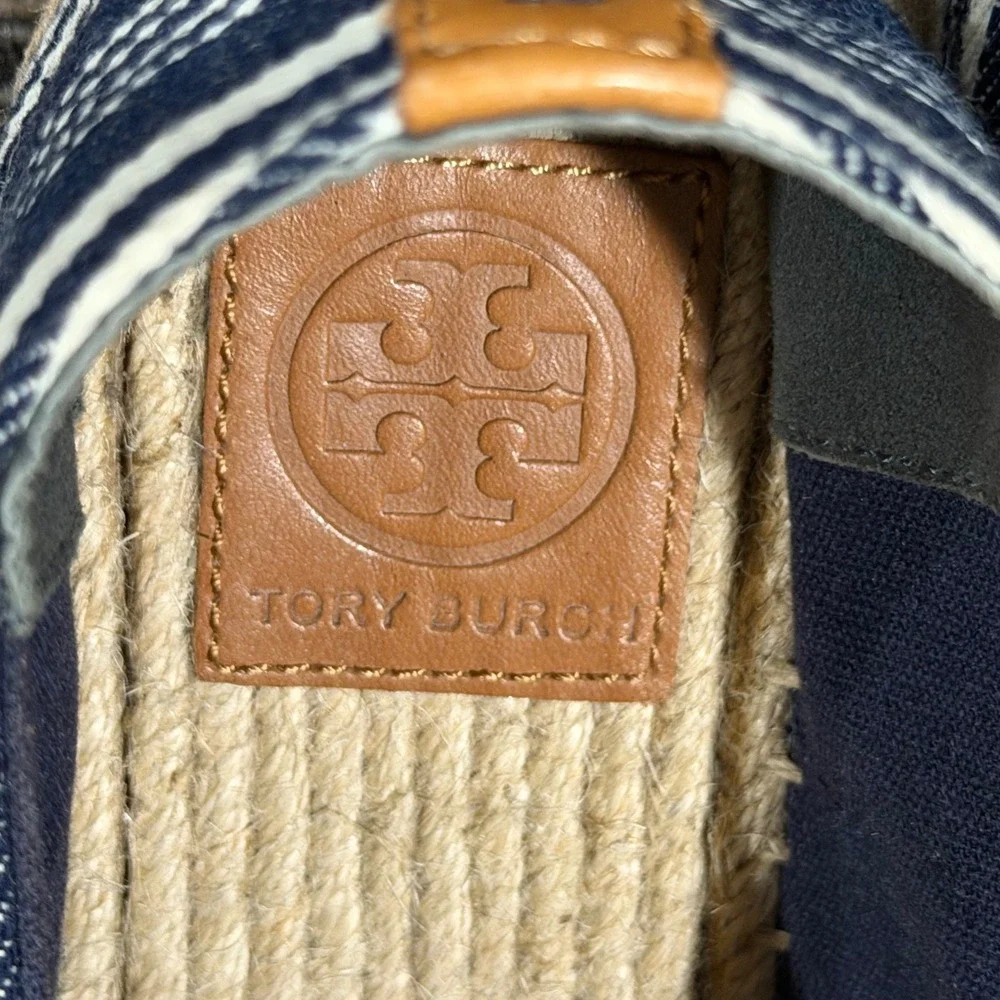 Tory Burch Florence Platform Espadrilles Women 9 Blue White Striped Canvas Shoes